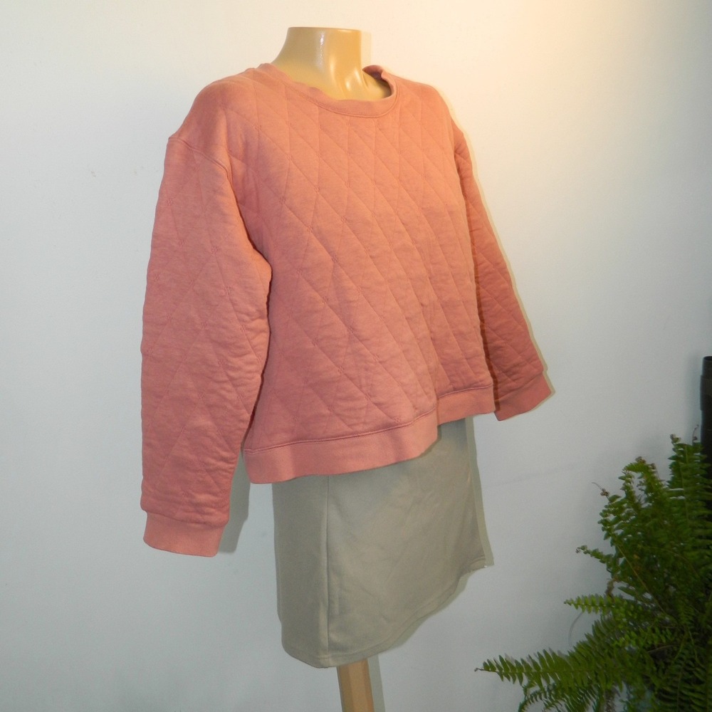 Pale Sky Quilted Sweatshirt Women Large Coral Pink Diamond Cropped Pullover